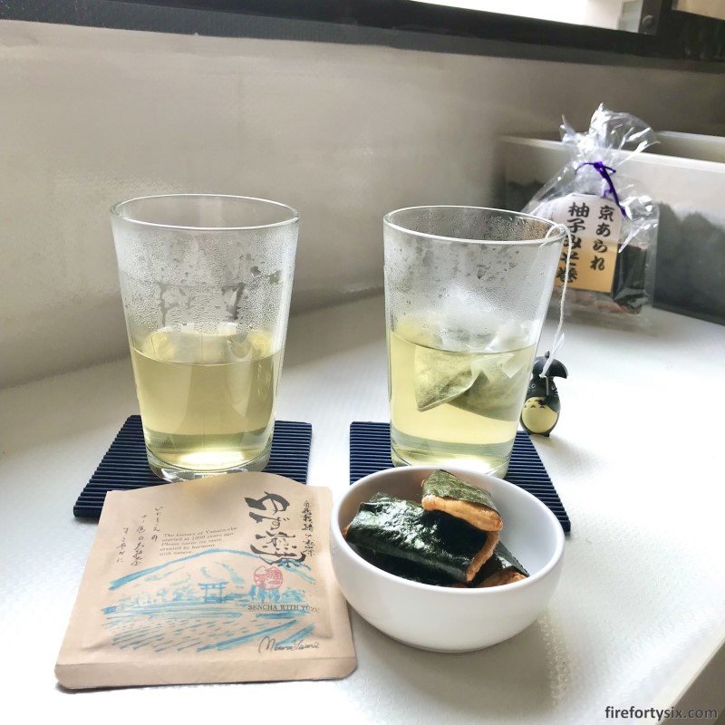 Yuzu arare with yuzu sencha