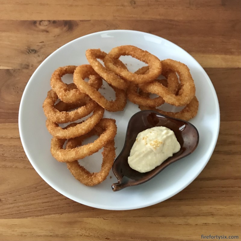 Yuzu tartar sauce and zest with onion rings